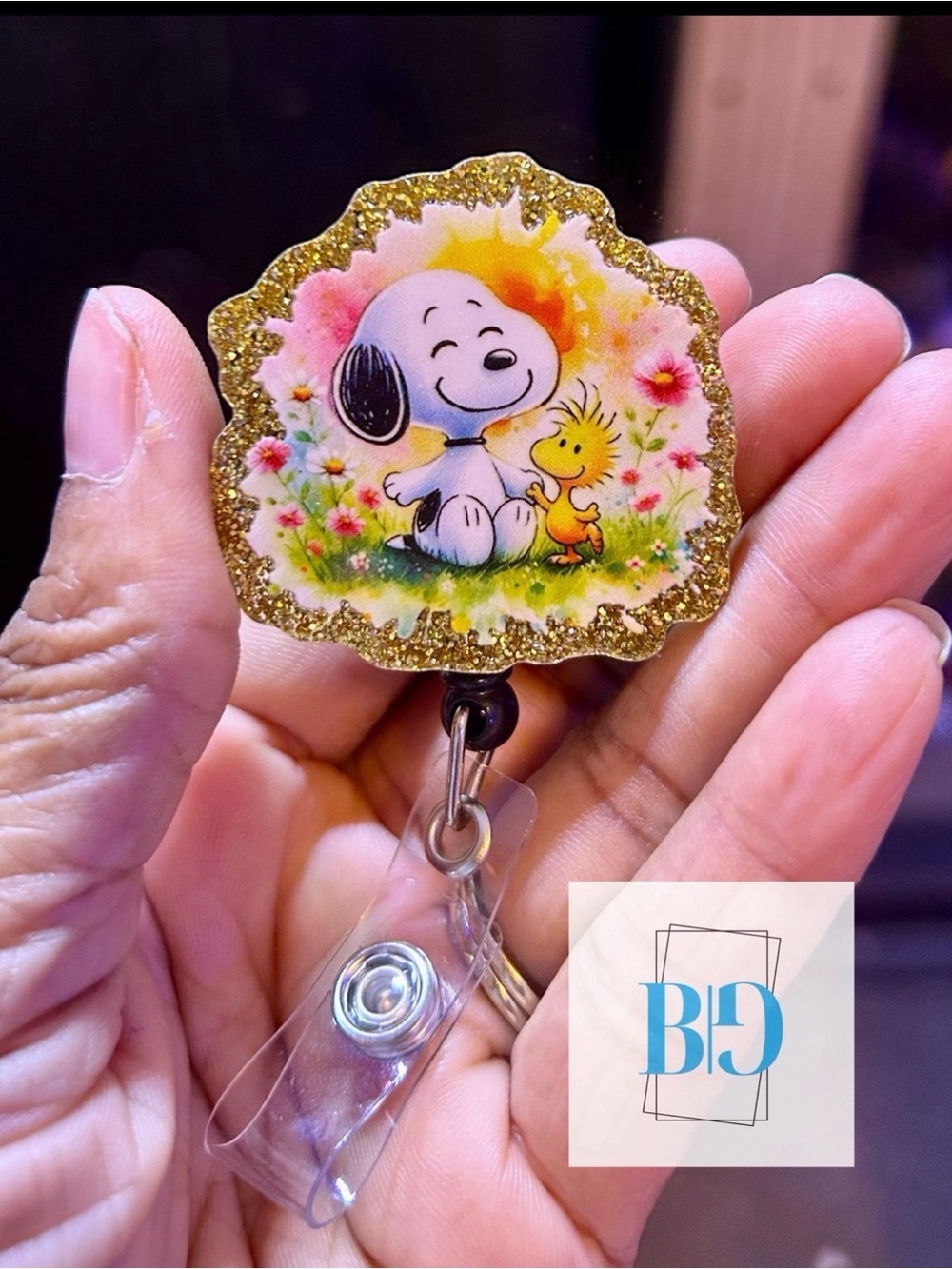 Peanuts Snoopy Woodstock gold glitter Retractable Badge Reel Nurse Teacher